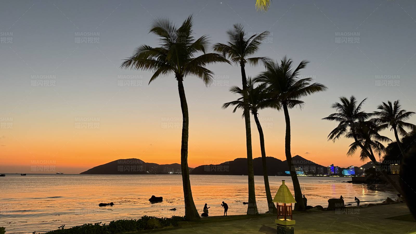 夕阳下的海滩与棕榈树