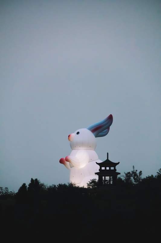 夜幕下的发光兔子灯