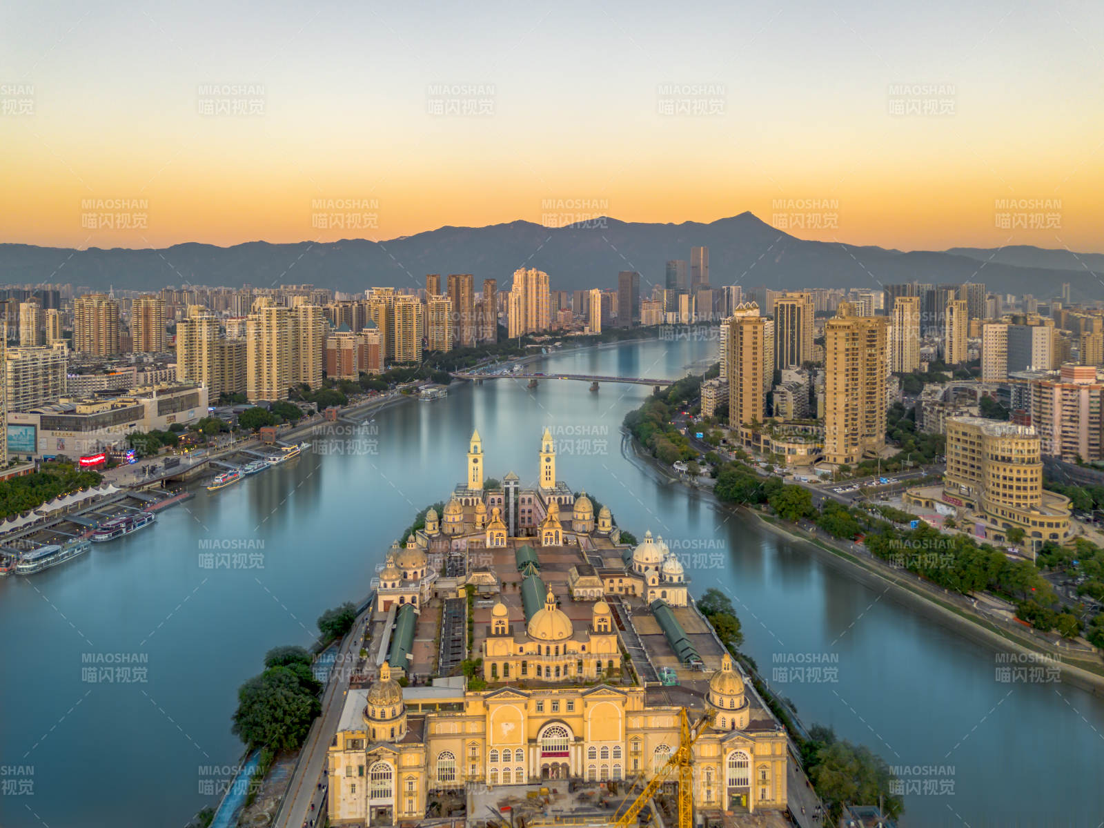 航拍福州中洲島黃昏美景