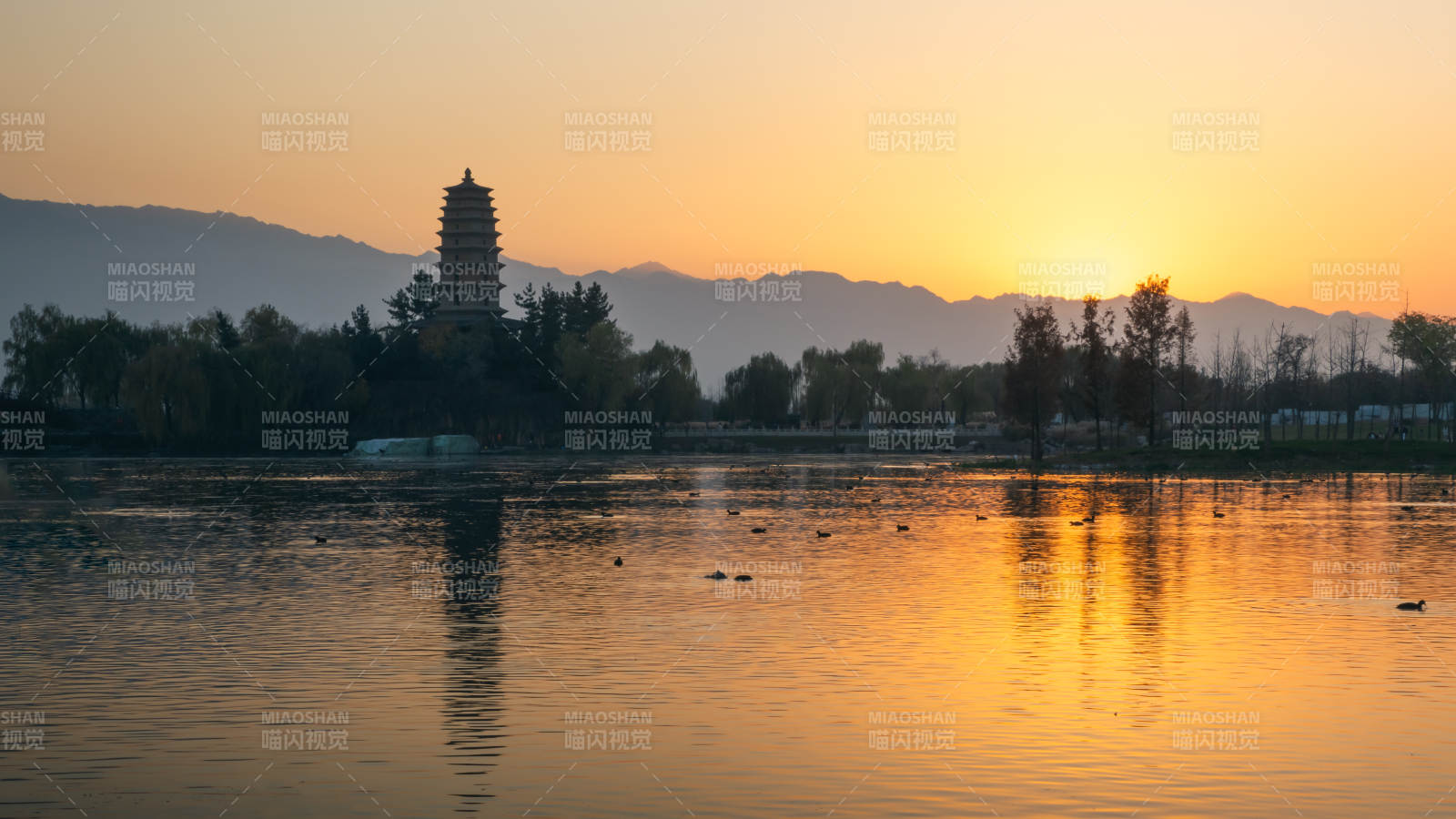 湖畔塔影夕陽美-鄠邑渼陂湖