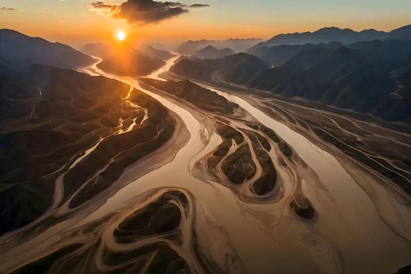 夕阳下的河流与山脉