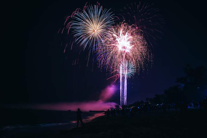 海邊夜空煙花綻放