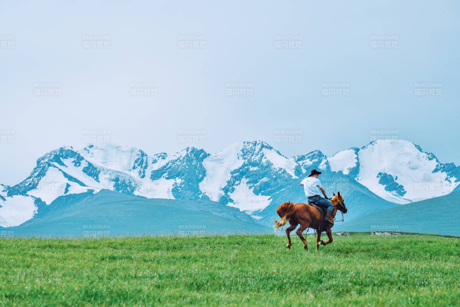 雪山草原騎馬人