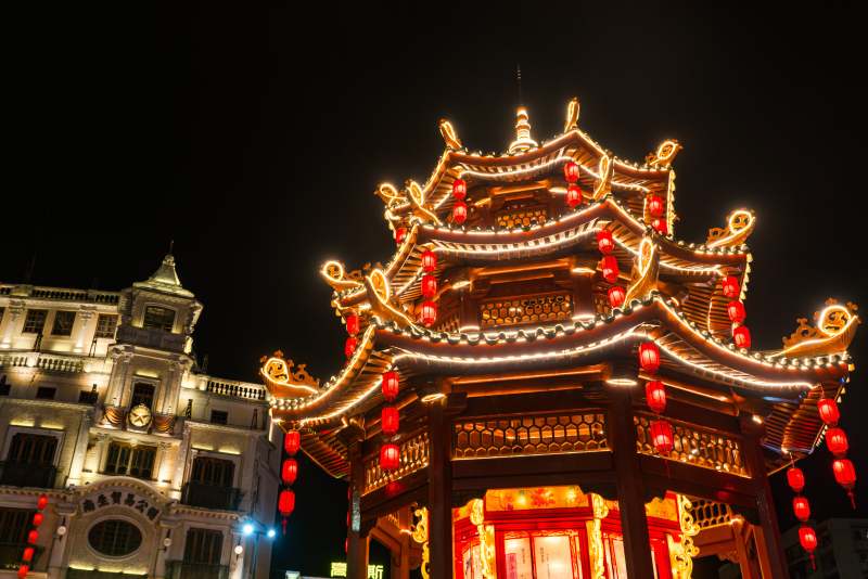 夜景中的傳統(tǒng)建筑燈光璀璨