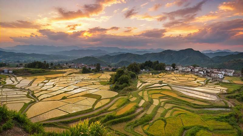 梯田夕照 山村