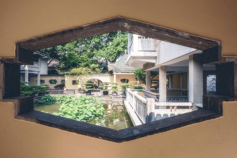 窗框中的庭院美景