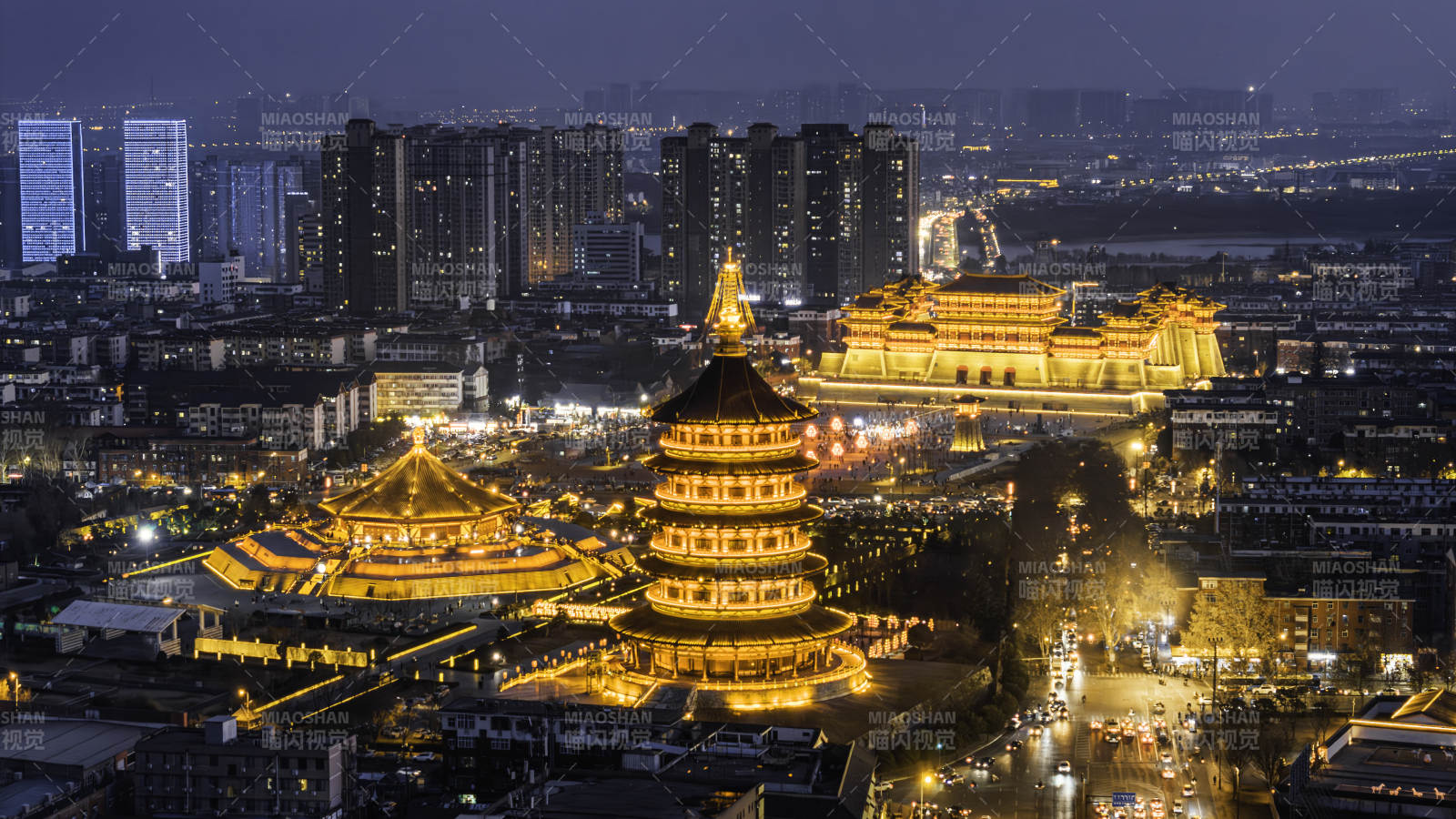 洛陽城市地標建筑應天門景區(qū)夜景航拍