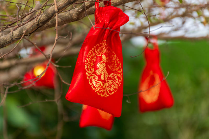 樹上懸掛的紅色福袋