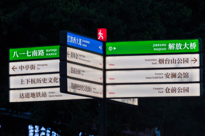 城市街道指示牌夜景图