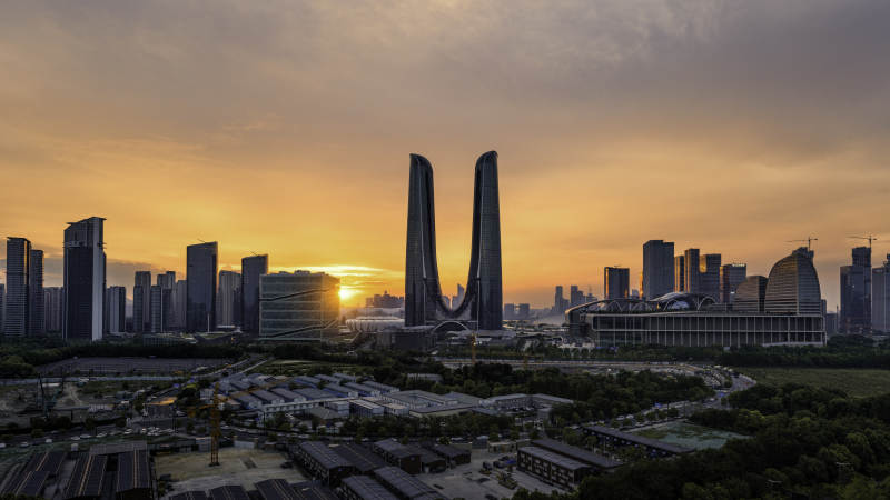 城市黄昏 双塔映霞