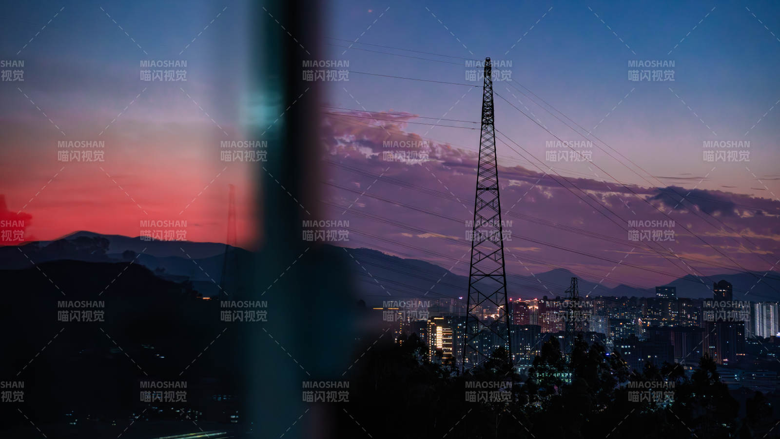 黃昏城市剪影與電塔