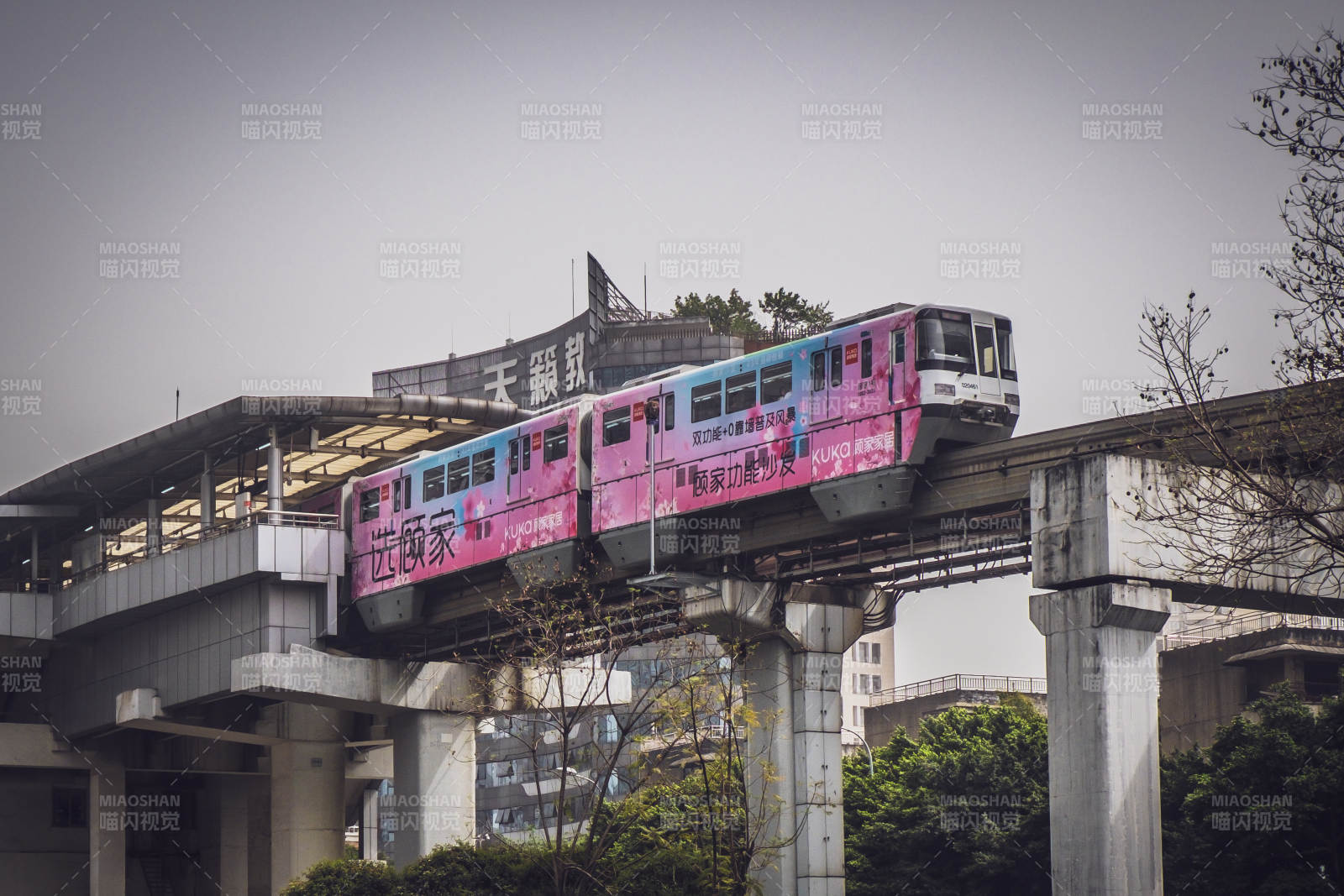 粉色列車駛過高架橋