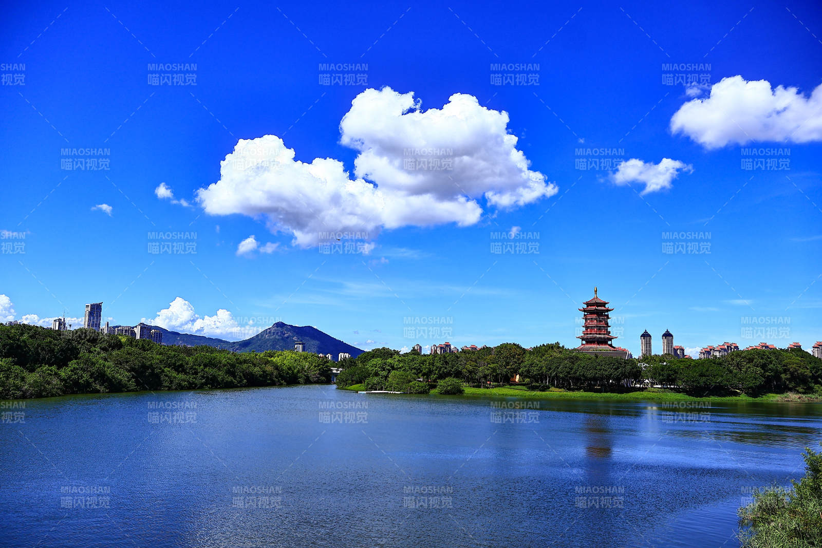 湖畔塔影 藍天白云映襯（廈門園博苑）