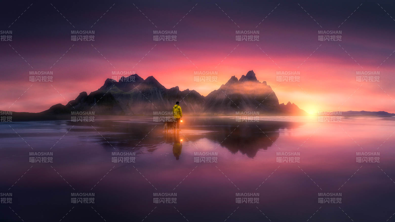 湖畔晨曦 人影獨行