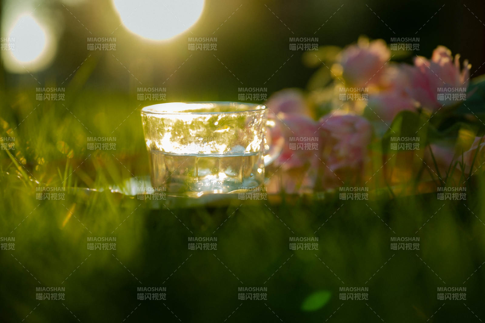 草地上的花與水杯