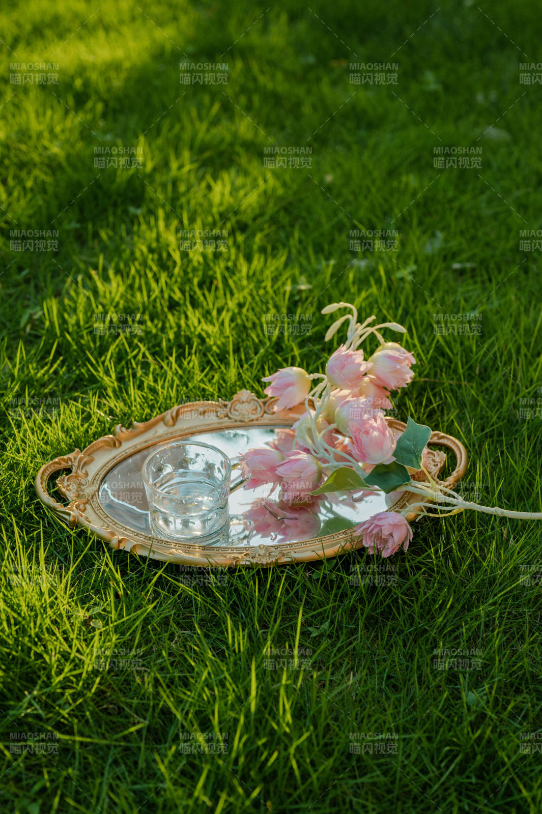 草地上精致的花與茶盤