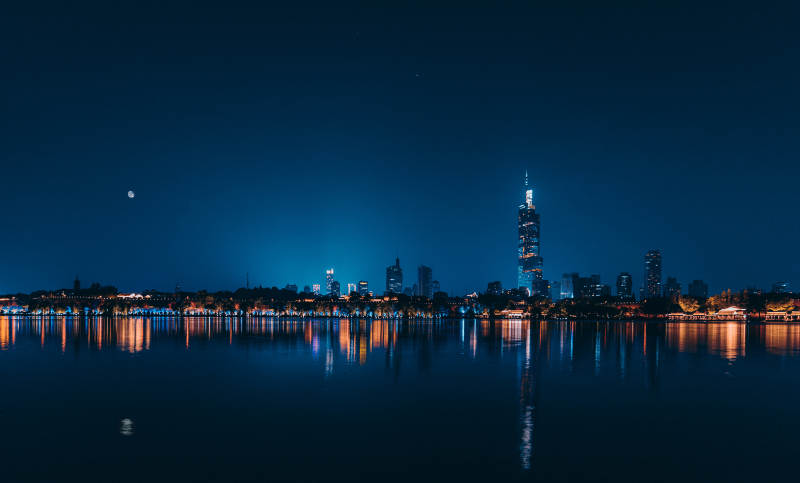 夜色湖畔 城市灯火辉煌