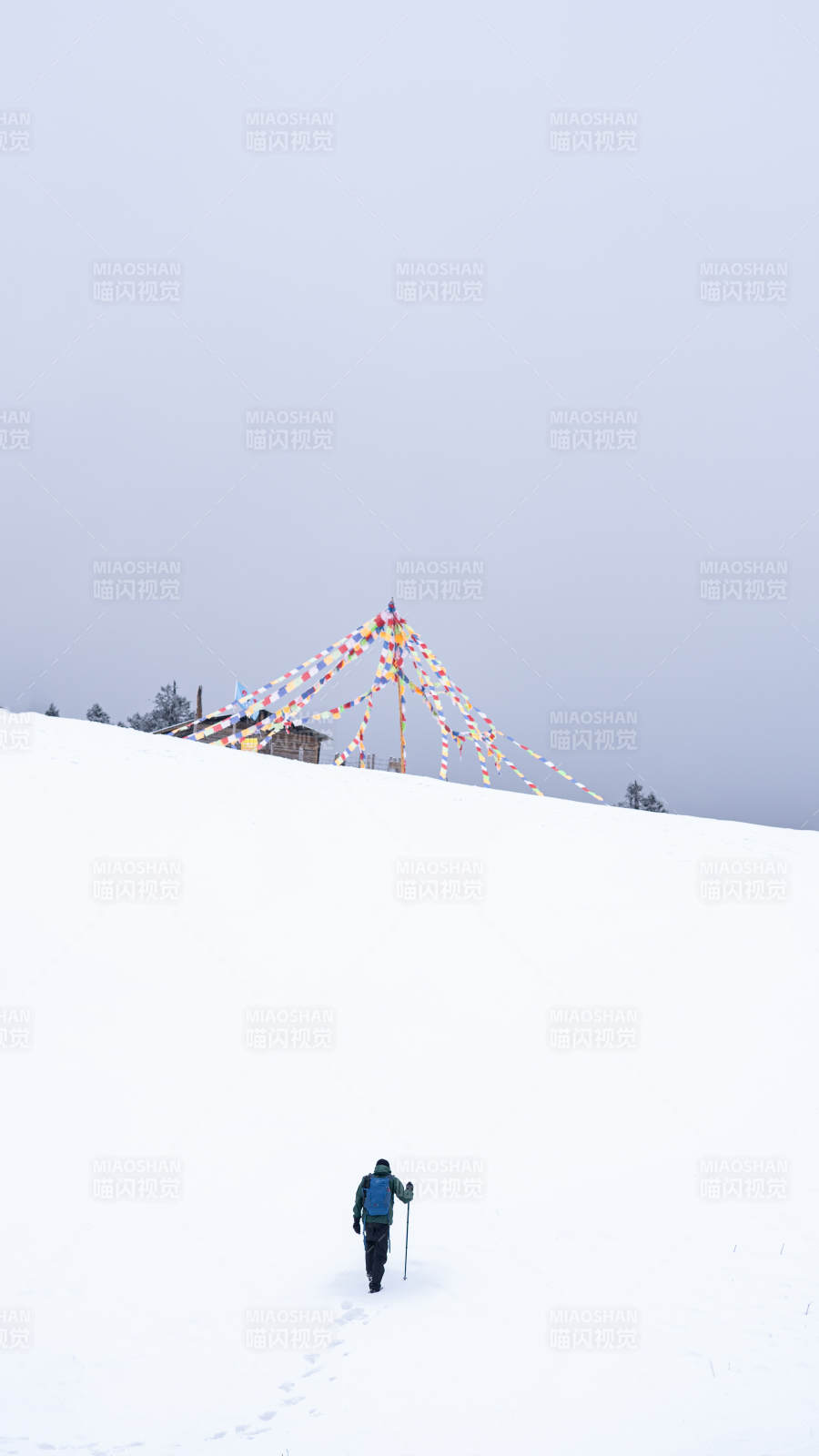 雪地行者與彩色旗幟