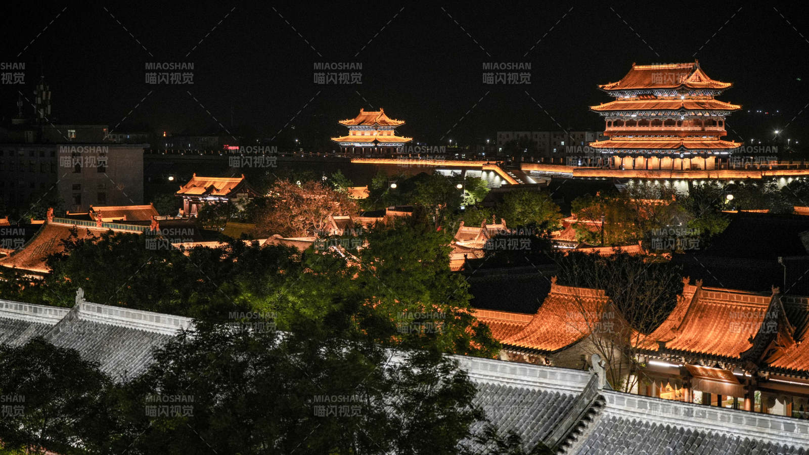 忻州古城夜景古建筑群燈火輝煌