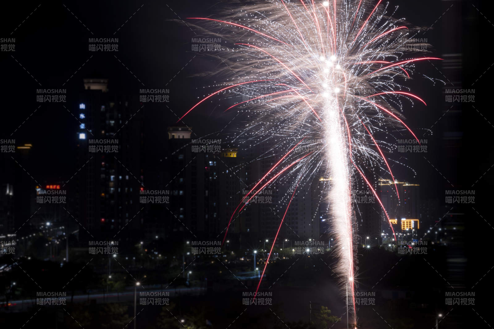 夜空煙花綻放 城市燈火輝煌