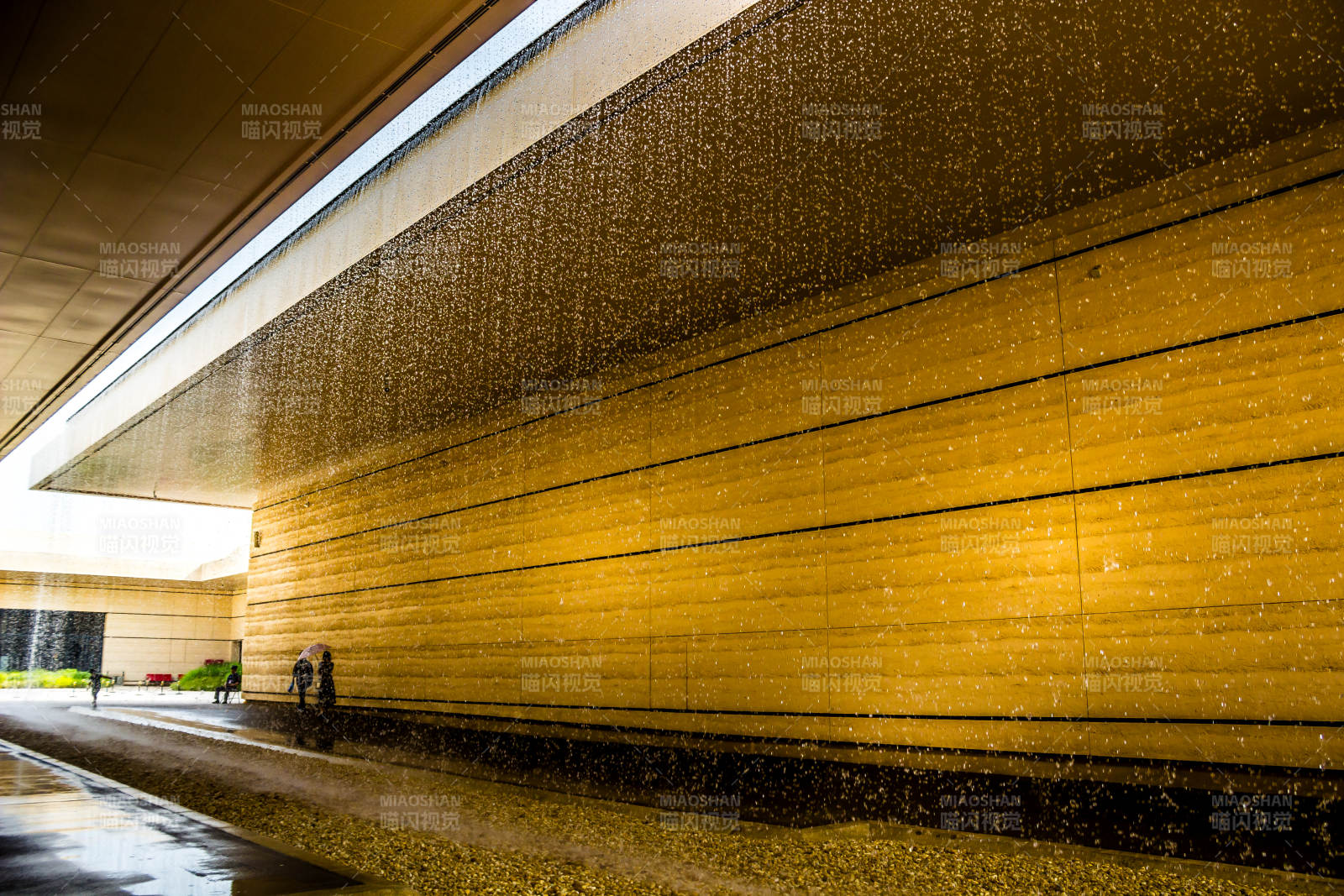 雨中金色建筑的光影