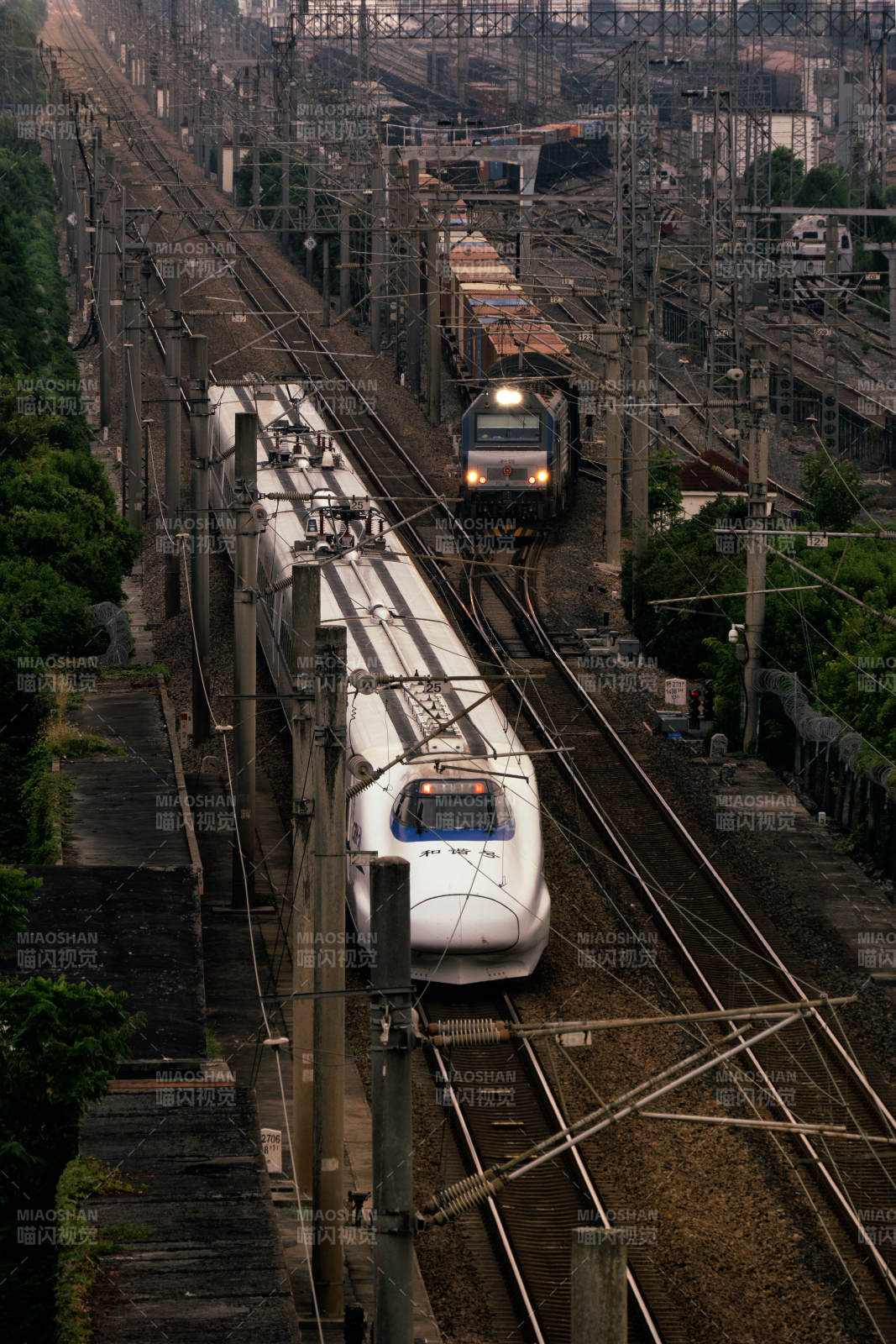 高鐵與貨運(yùn)列車交匯瞬間