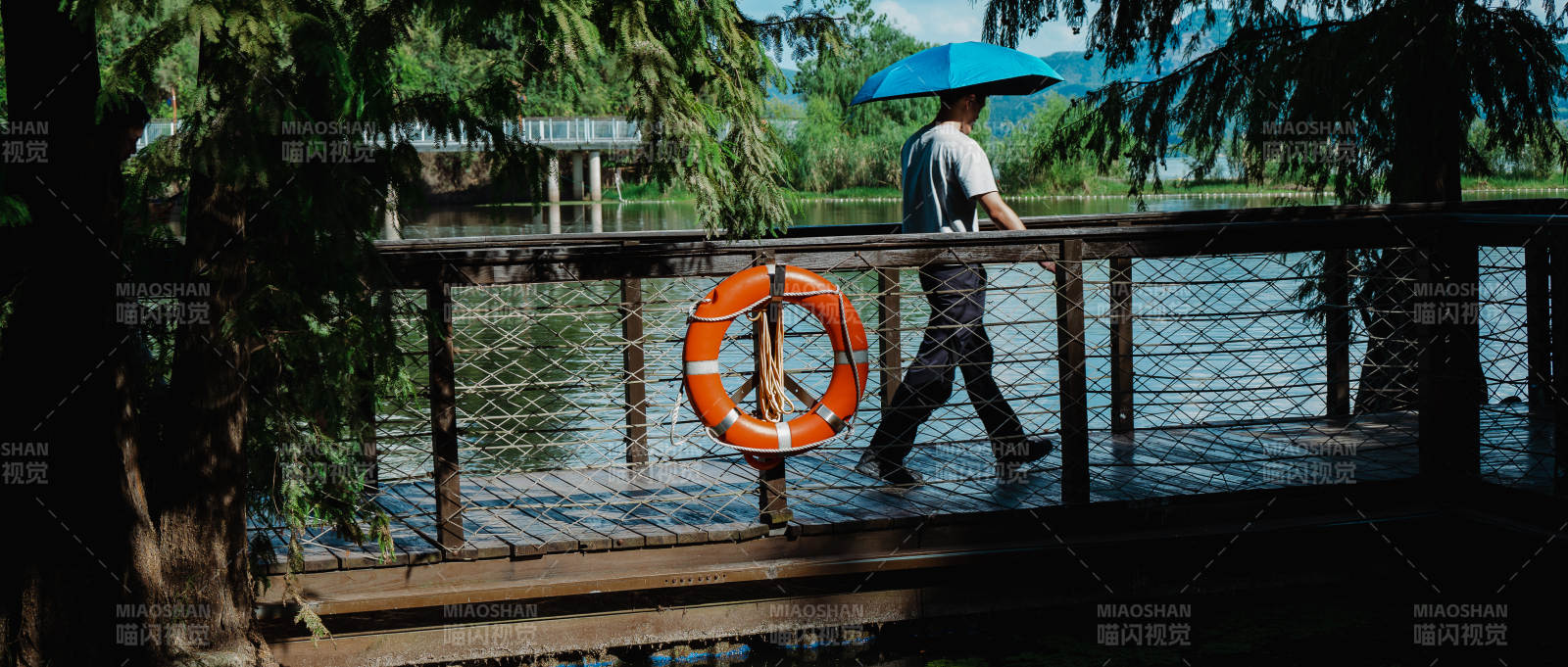 雨中漫步 橋上行人
