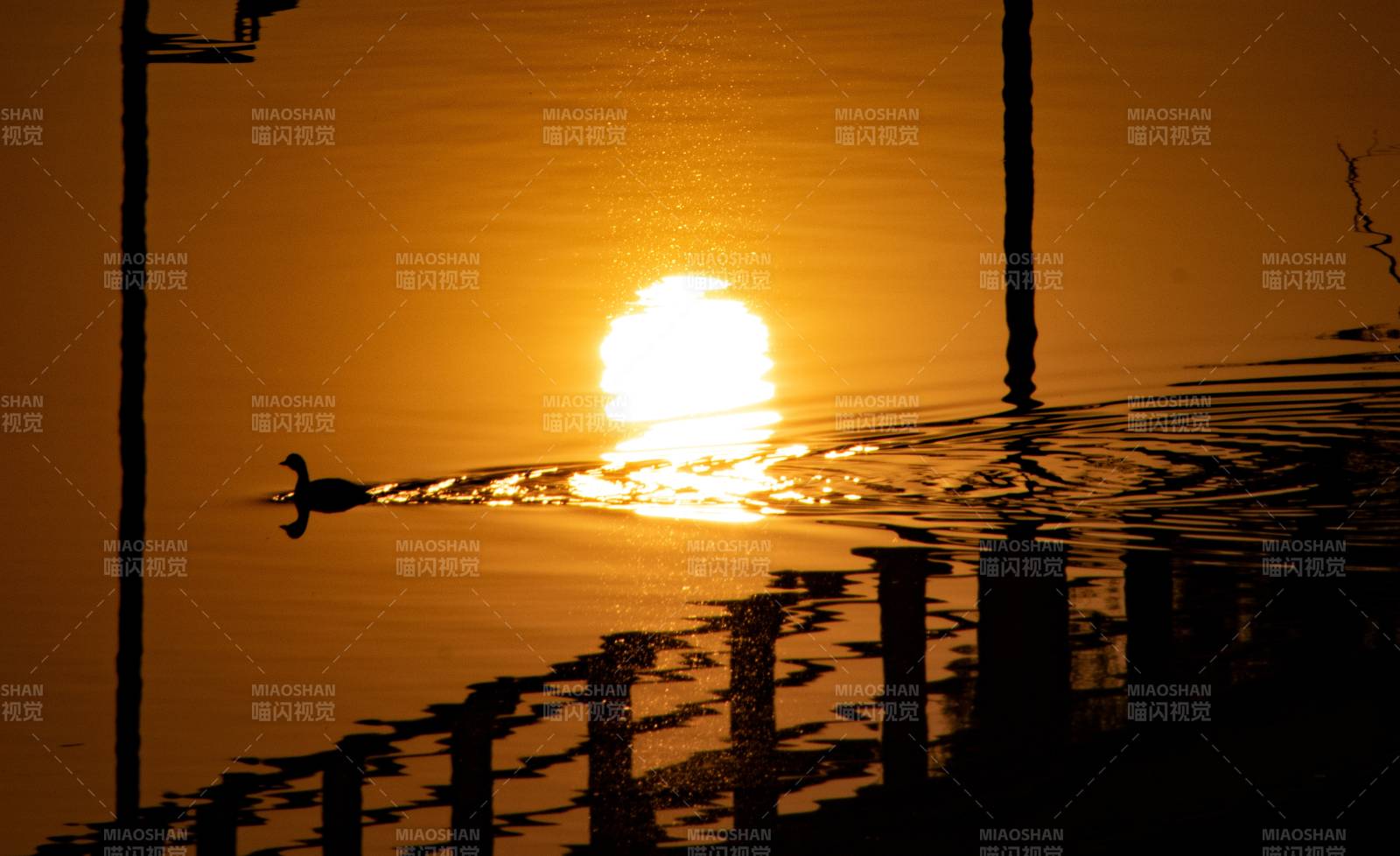 夕陽下的湖面倒影