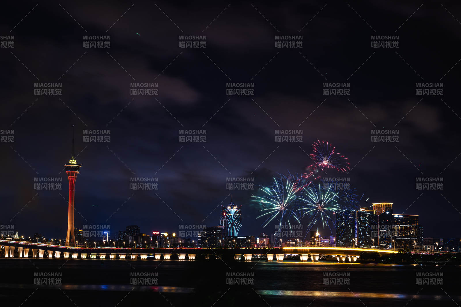 夜空煙花映橋塔