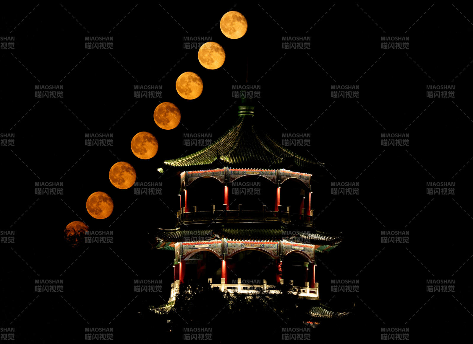 青島萊西月湖公園攬月樓月生