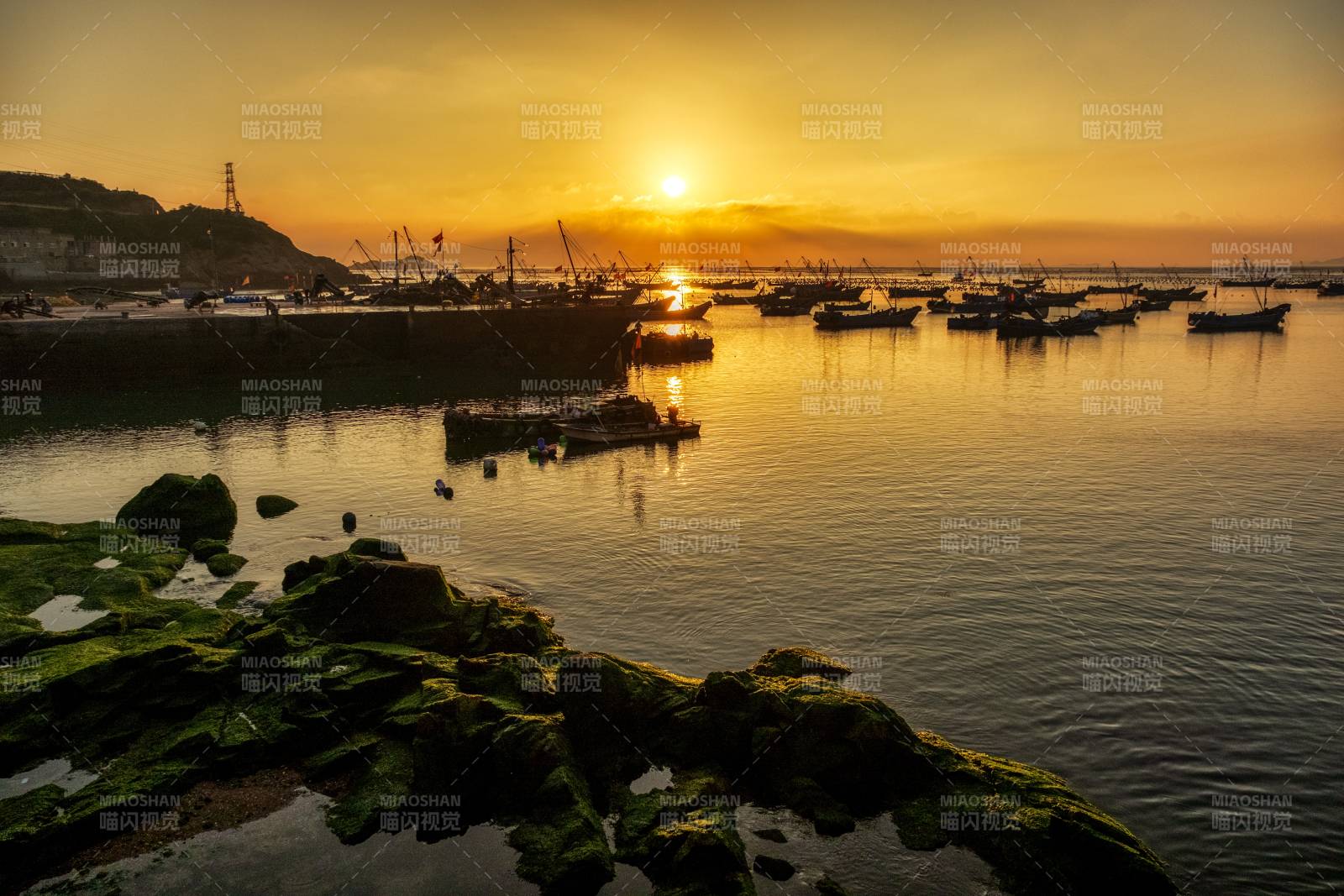 舟山夕陽下的港口美景