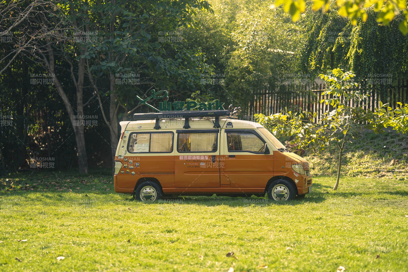 橙色面包車停綠草地
