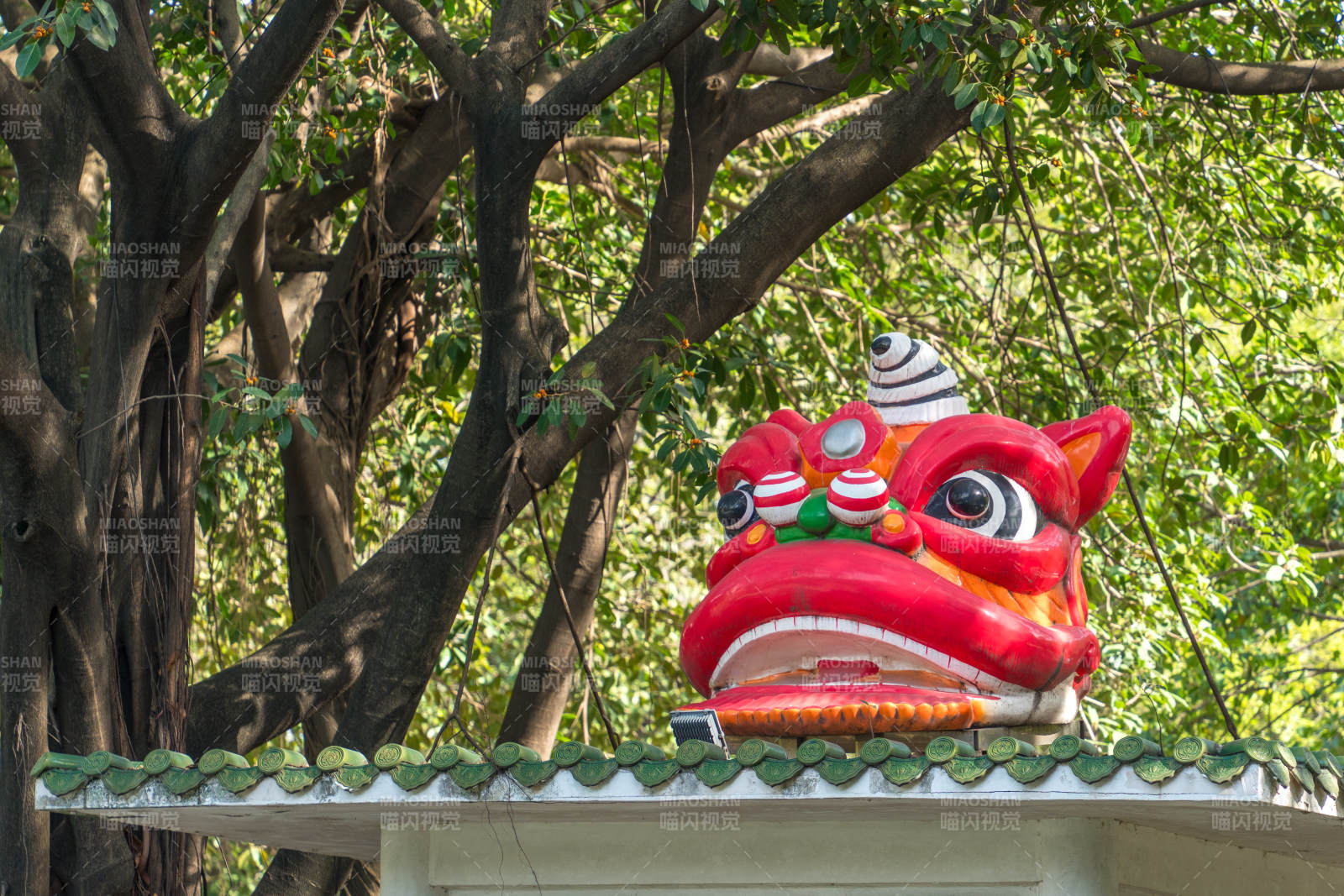 龍獅頭飾樹影間