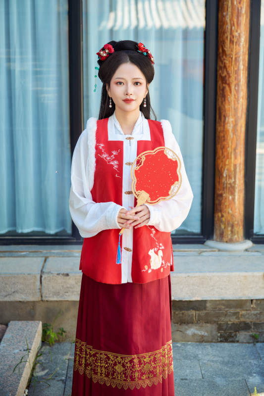 穿着中国汉族服饰马面裙的东方女性