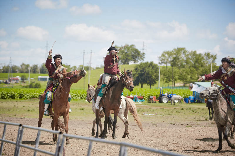 在草原景区表演的蒙古古代骑马打仗演出