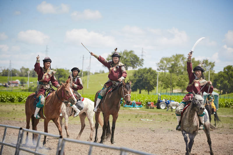 在草原景区表演的蒙古古代骑马打仗演出