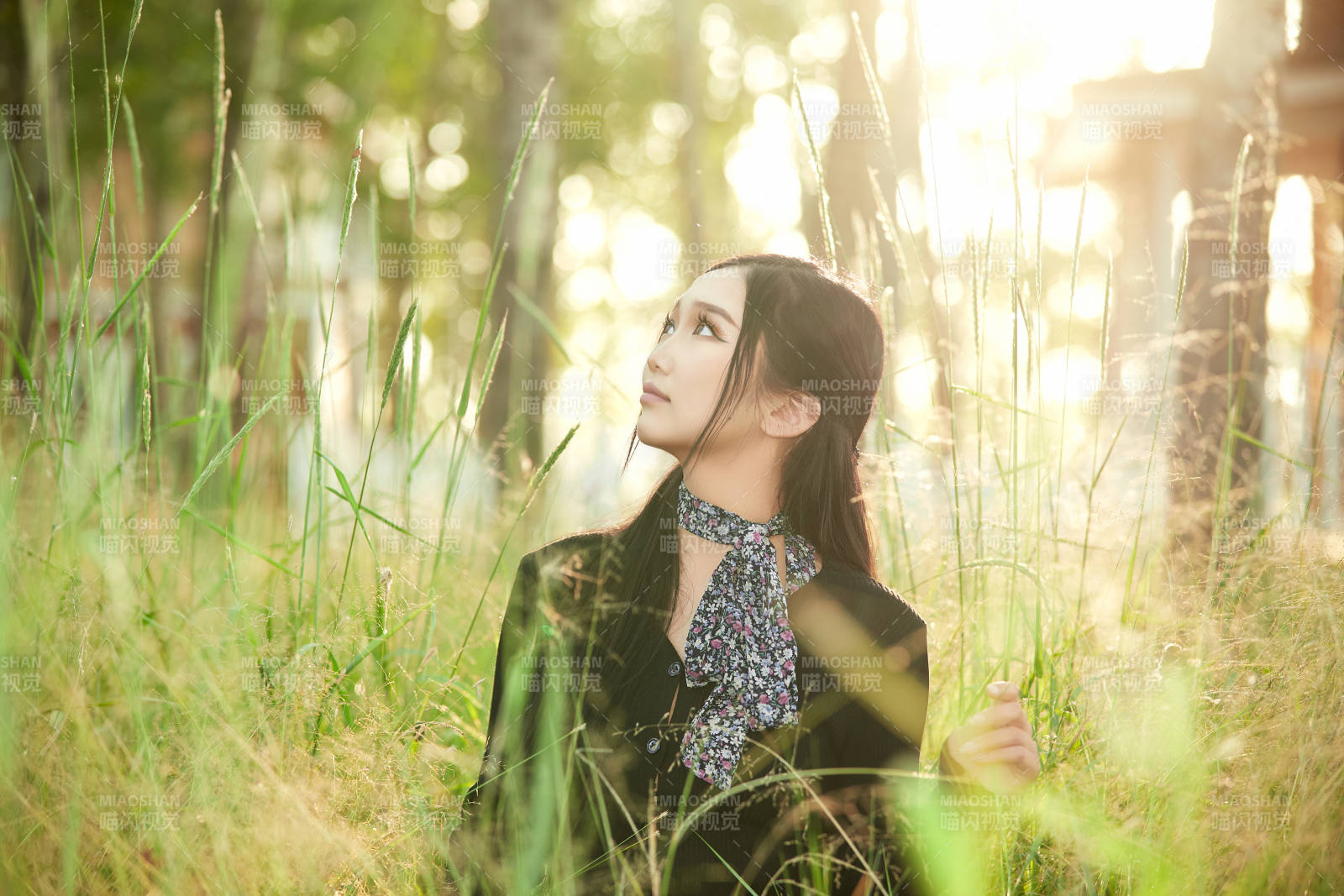 盛夏夕陽照射下花叢草地中的亞洲美女