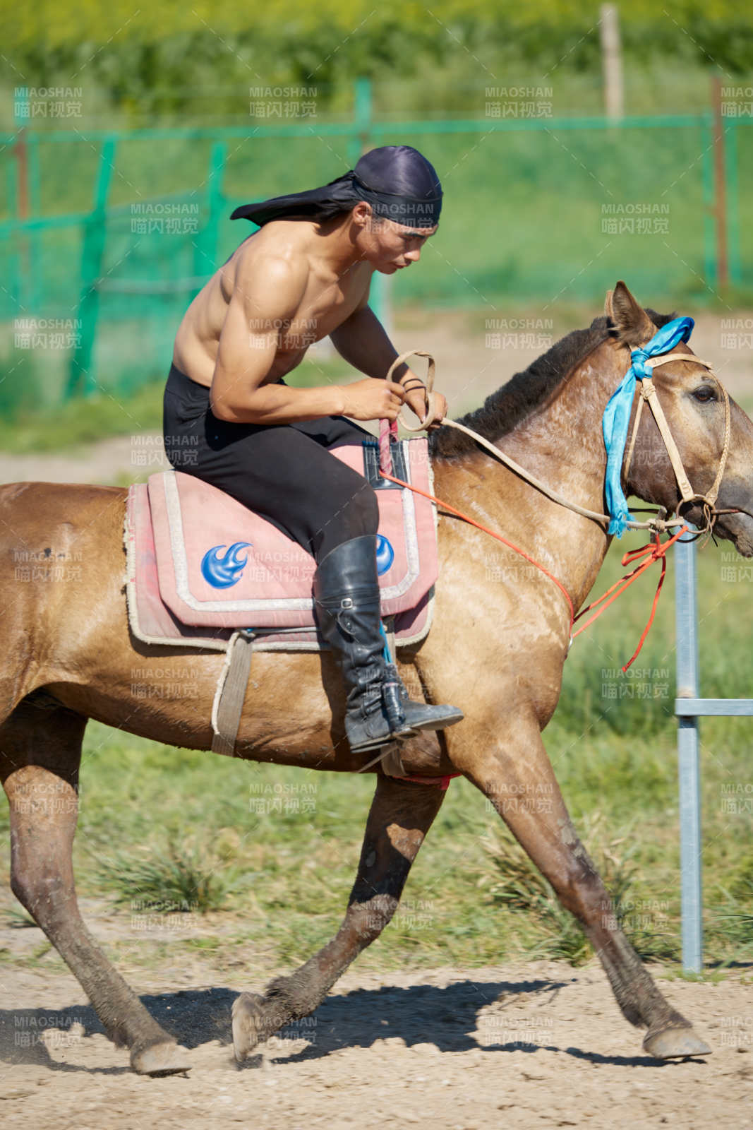 在草原景區練習騎馬馬術的蒙古族演員