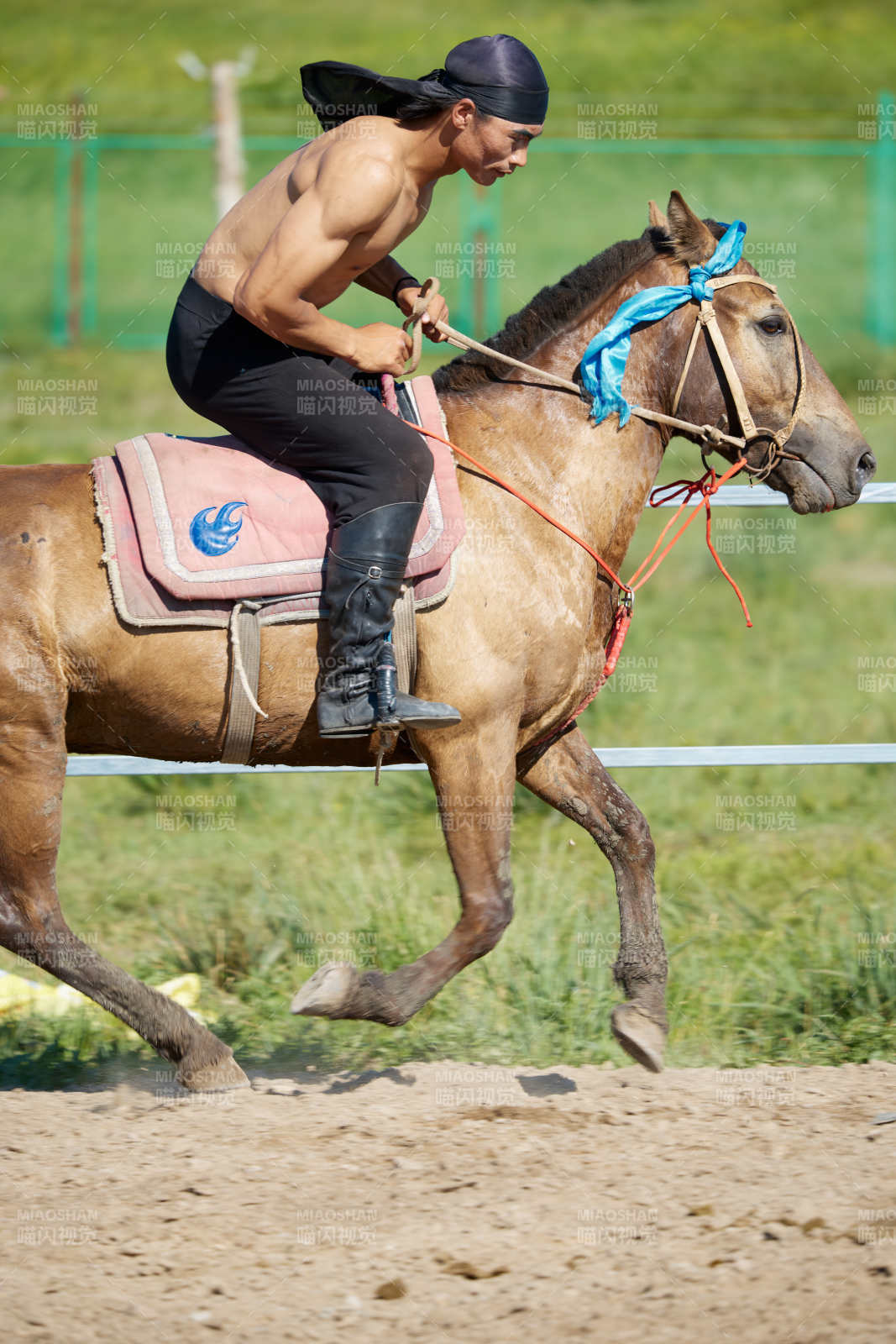 在草原景區(qū)練習(xí)騎馬馬術(shù)的蒙古族演員