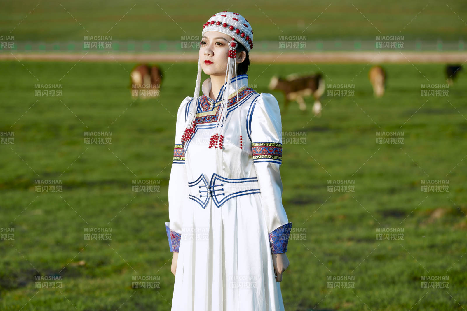 草原上穿著蒙古族傳統(tǒng)服飾的亞洲年輕美少女