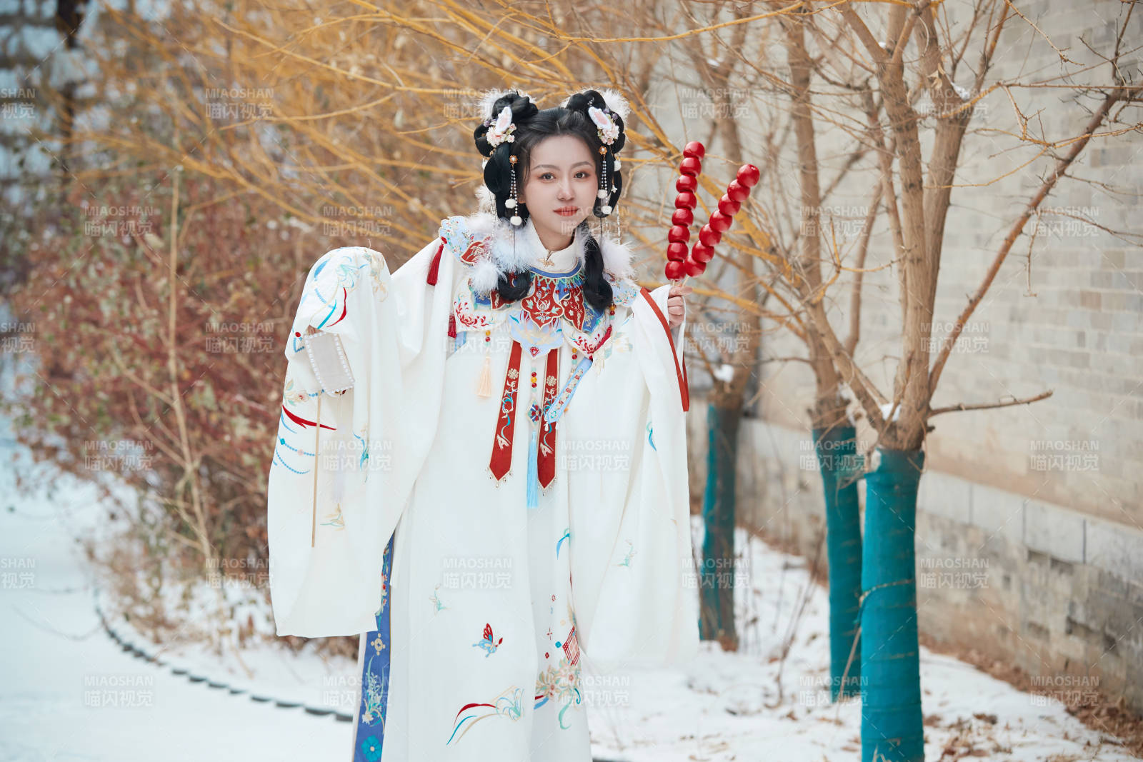 大雪后戶外身穿明朝漢服的亞洲少女