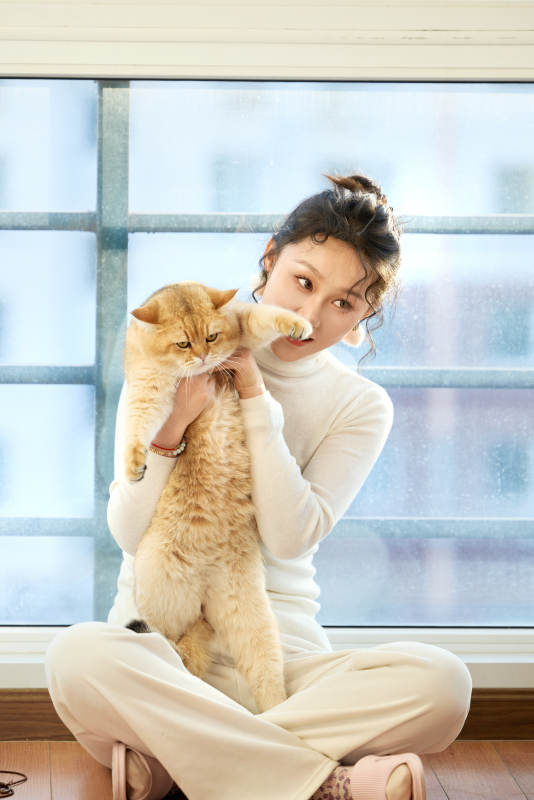 假日在家和猫咪嬉戏的亚洲美女