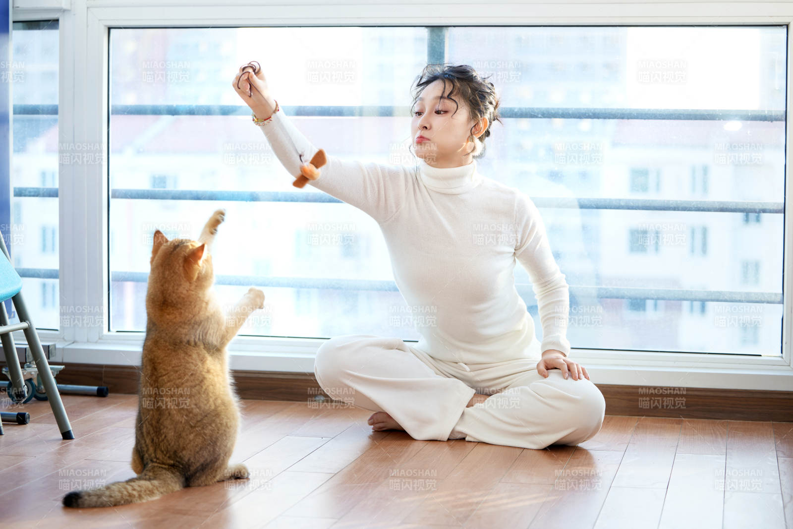 假日在家和猫咪嬉戏的亚洲美女图片
