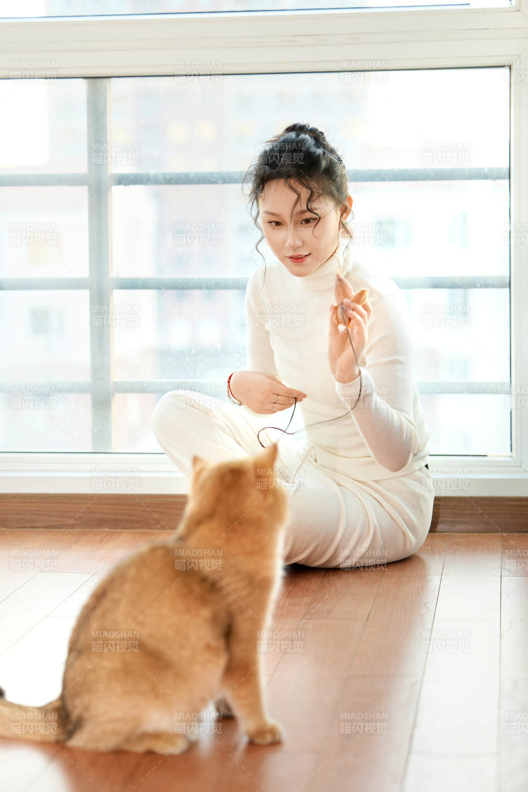 假日在家和貓咪嬉戲的亞洲美女