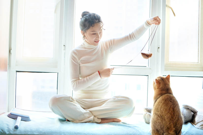 假日在家和猫咪嬉戏的亚洲美女