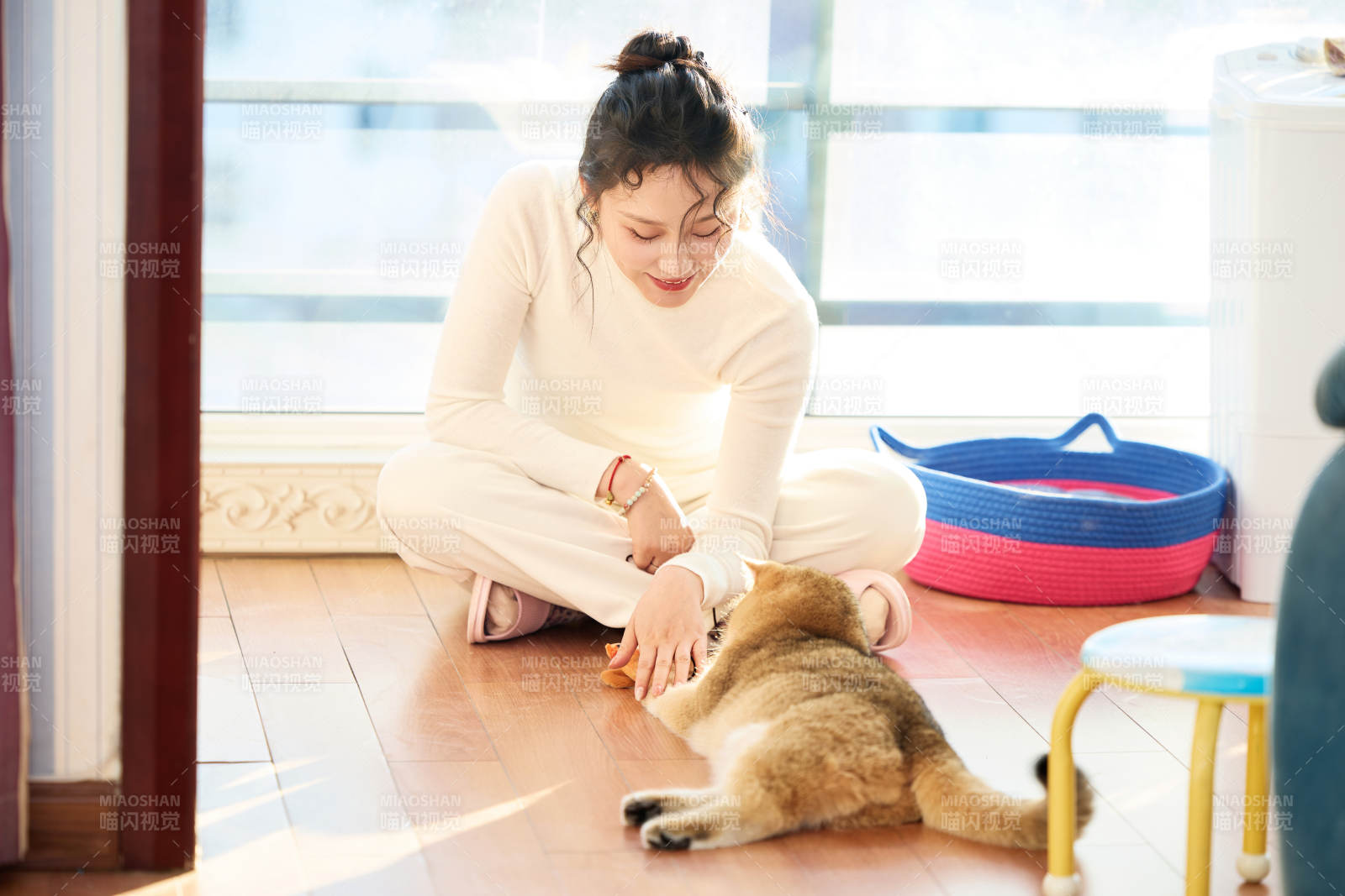 假日在家和猫咪嬉戏的亚洲美女