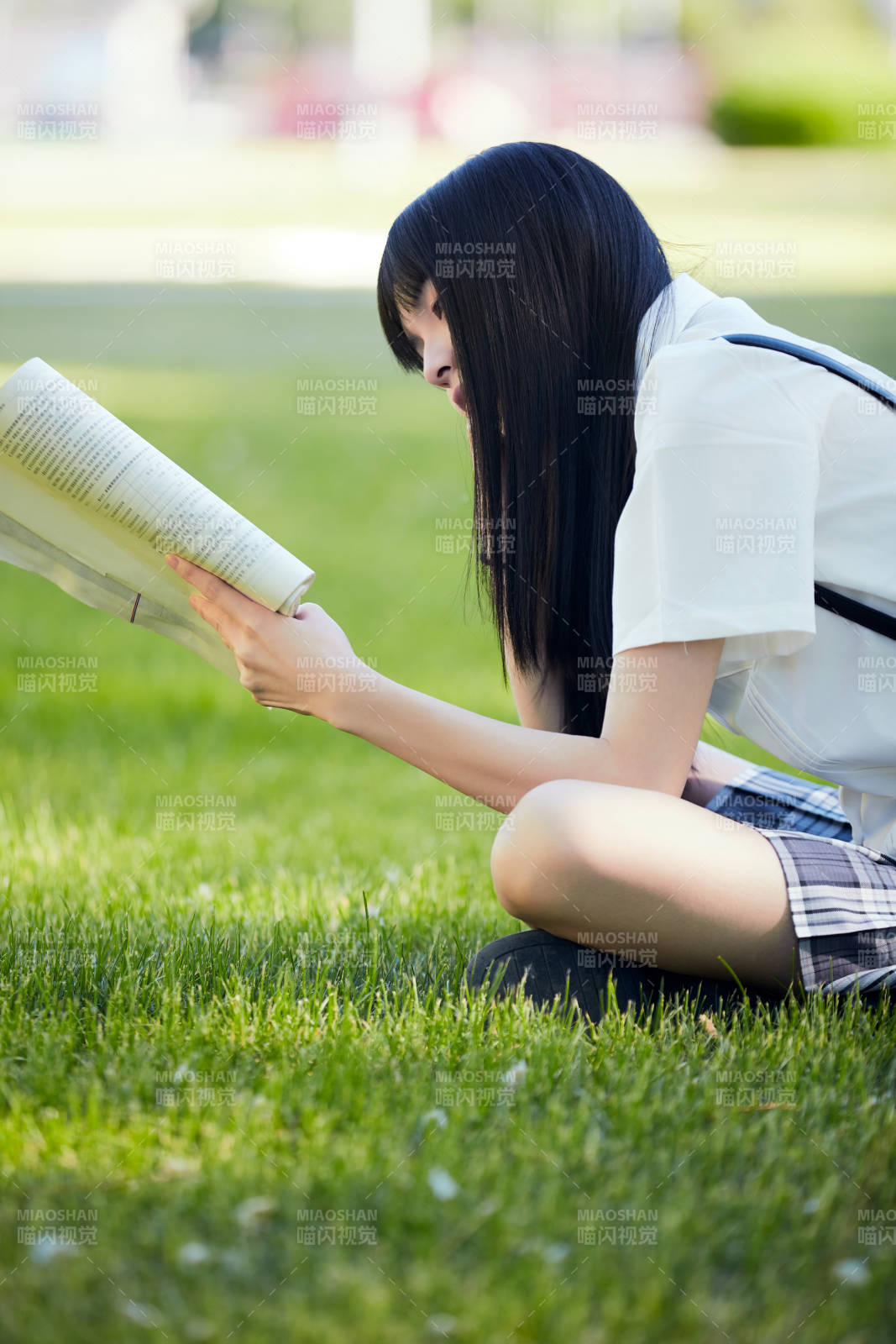 在户外草坪看书学习的女生图片