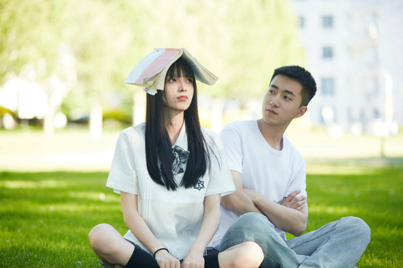 户外草坪上的年轻情侣