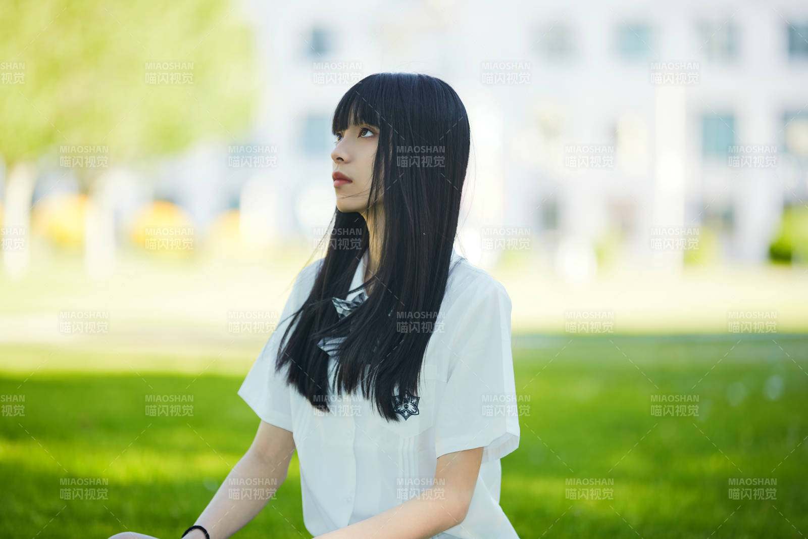 在户外草坪看书学习的女生