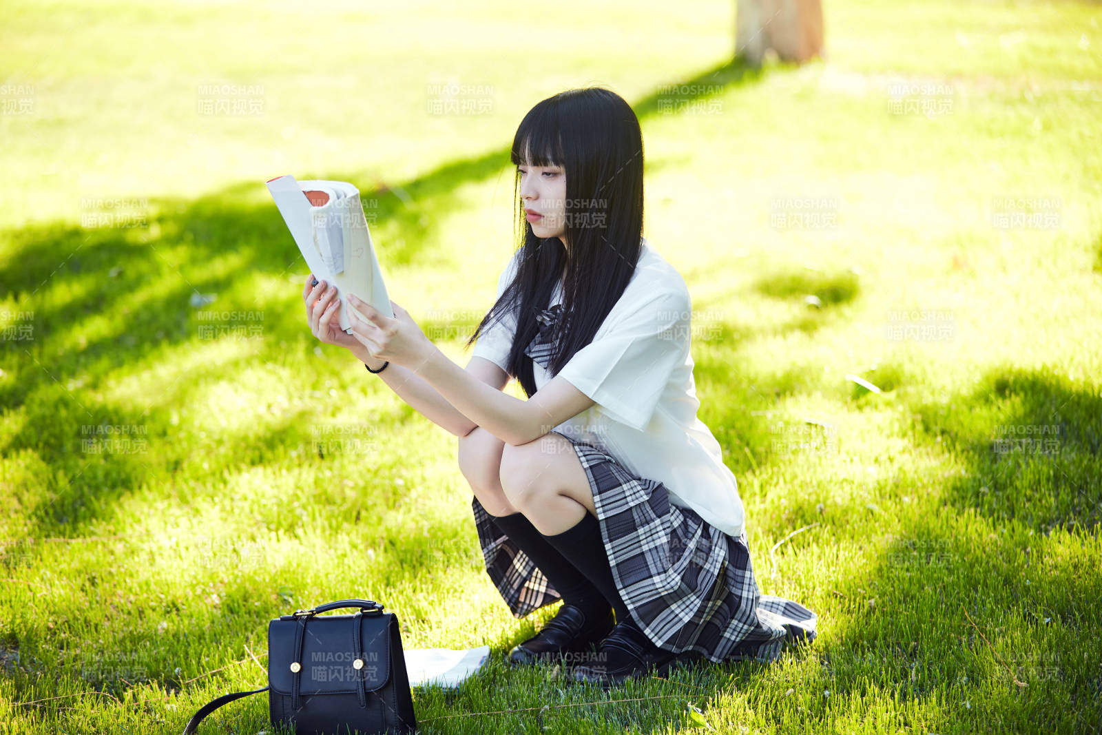 在户外草坪看书学习的女生图片